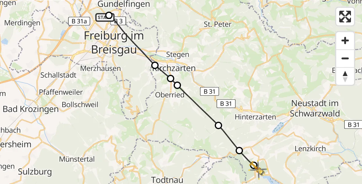 Flugroute Ambulanzhubschrauber Freiburg im Breisgau Flugplatz - Schluchsee, 25 April 2026, 06:52