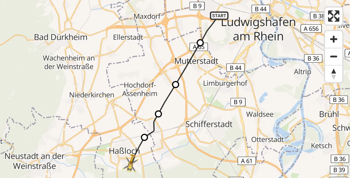 Flugroute Rettungshubschrauber Ludwigshafen am Rhein - Haßloch, 25 April 2026, 07:04