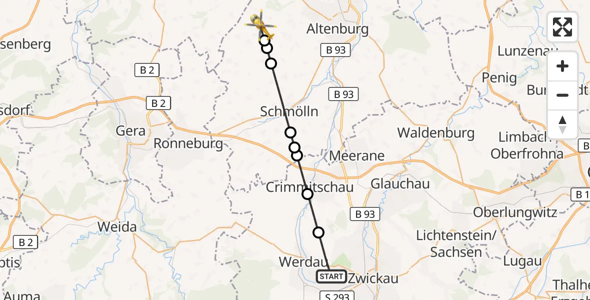 Flugroute Rettungshubschrauber Werdau - Starkenberg, 25 April 2026, 07:15