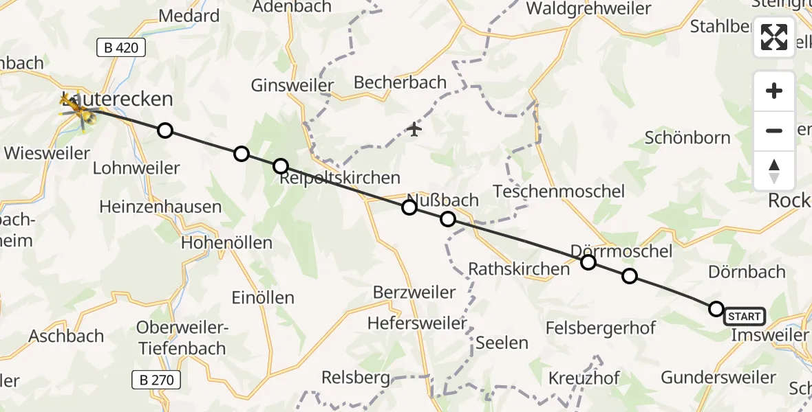 Flugroute Rettungshubschrauber Imsweiler UL - Lauterecken, 25 April 2026, 07:18