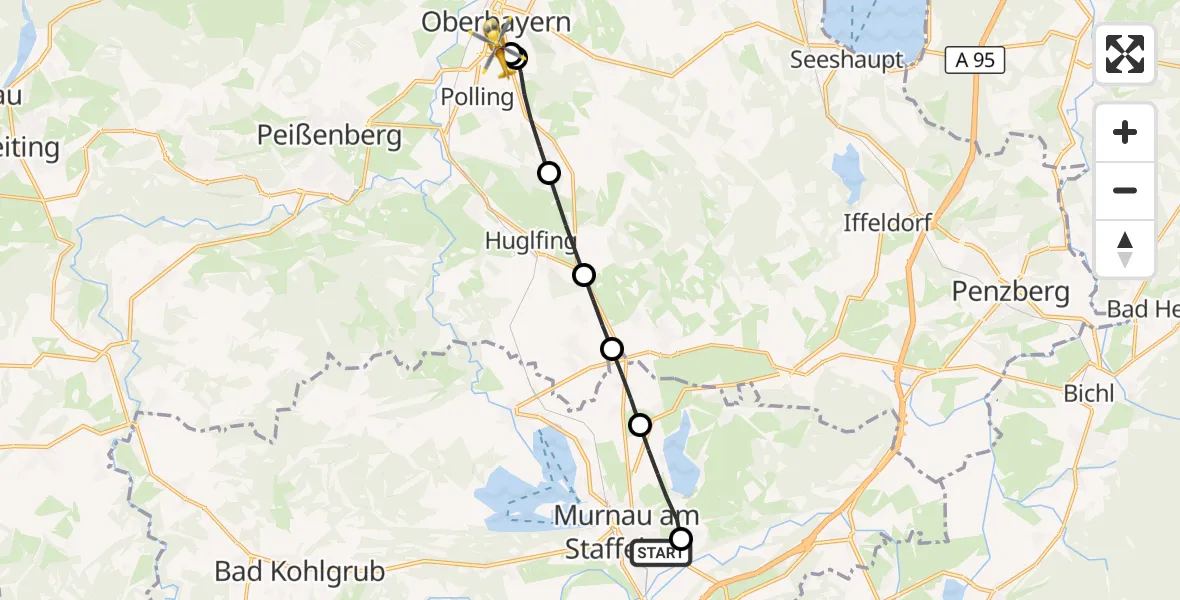 Flugroute Rettungshubschrauber Murnau Accident Hospital - Weilheim Rettungshubschrauberlandeplatz, 25 April 2026, 07:20