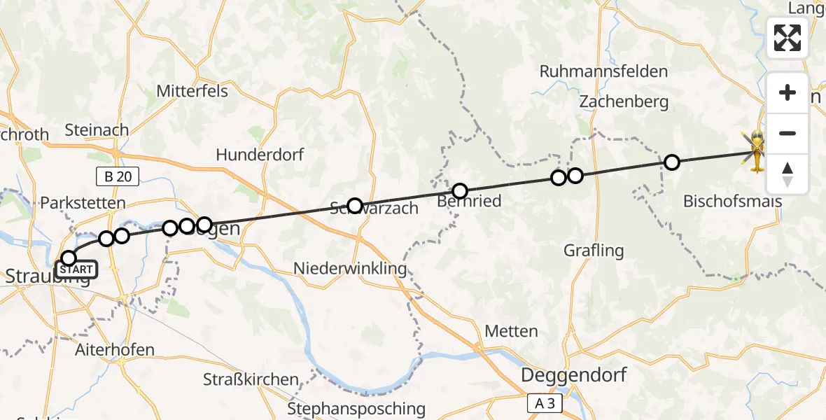 Flugroute Rettungshubschrauber Sankt Elisabeth Hospital Straubing - Regen, 25 April 2026, 07:22