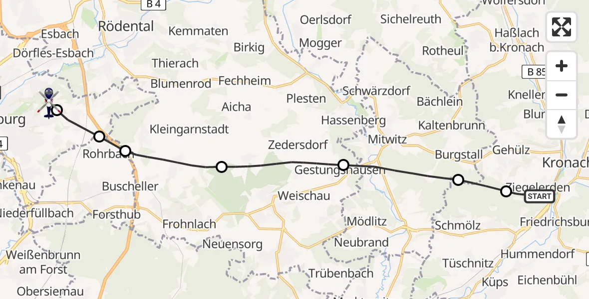 Flugroute Polizeihubschrauber Kronach - Coburg-Brandensteinsebene Flugplatz, 25 April 2026, 07:34