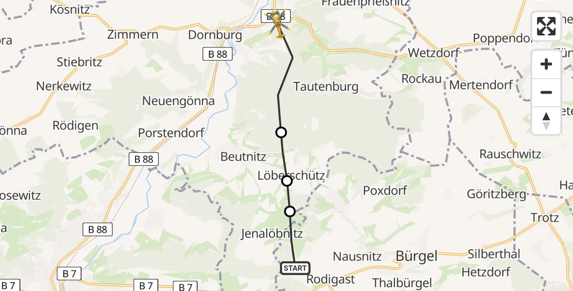 Flugroute Rettungshubschrauber Bürgel - Dornburg-Camburg, 25 April 2026, 07:45