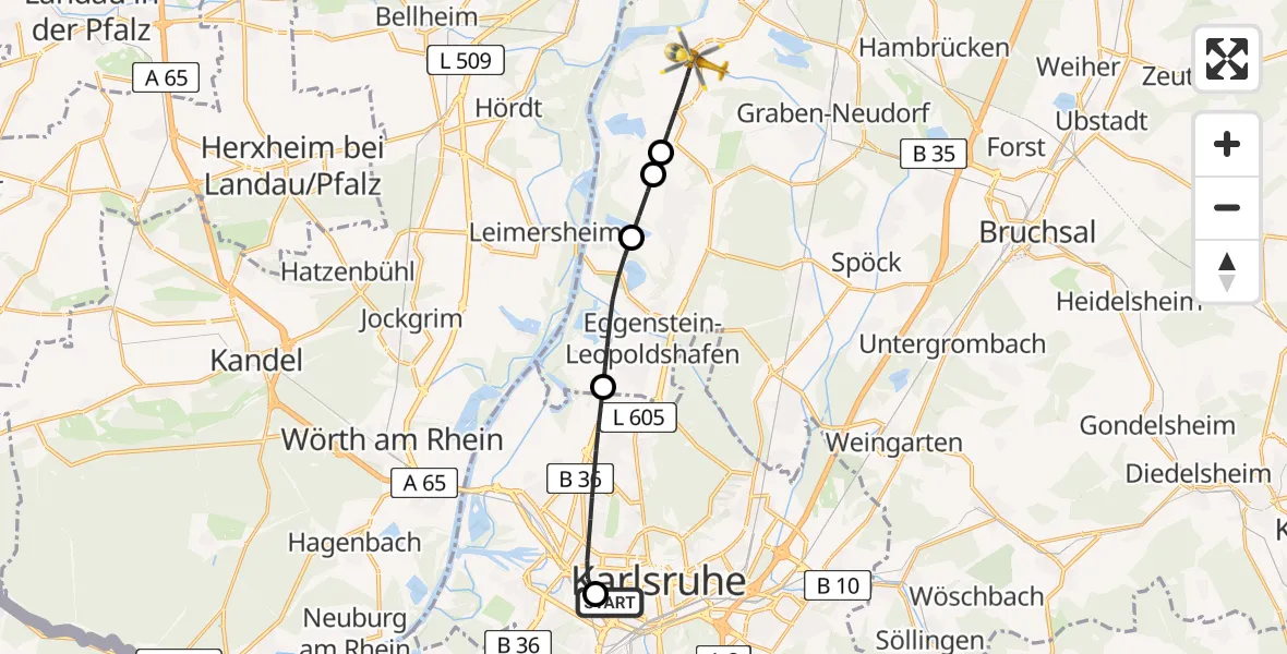 Flugroute Rettungshubschrauber Sankt Vincentius Hospital - Dettenheim, 25 April 2026, 07:47