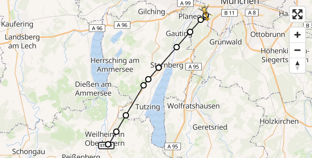 Flugroute Rettungshubschrauber Weilheim Rettungshubschrauberlandeplatz - DRF Air Rescue München Hubschrauberlandeplatz, 25 April 2026, 07:52