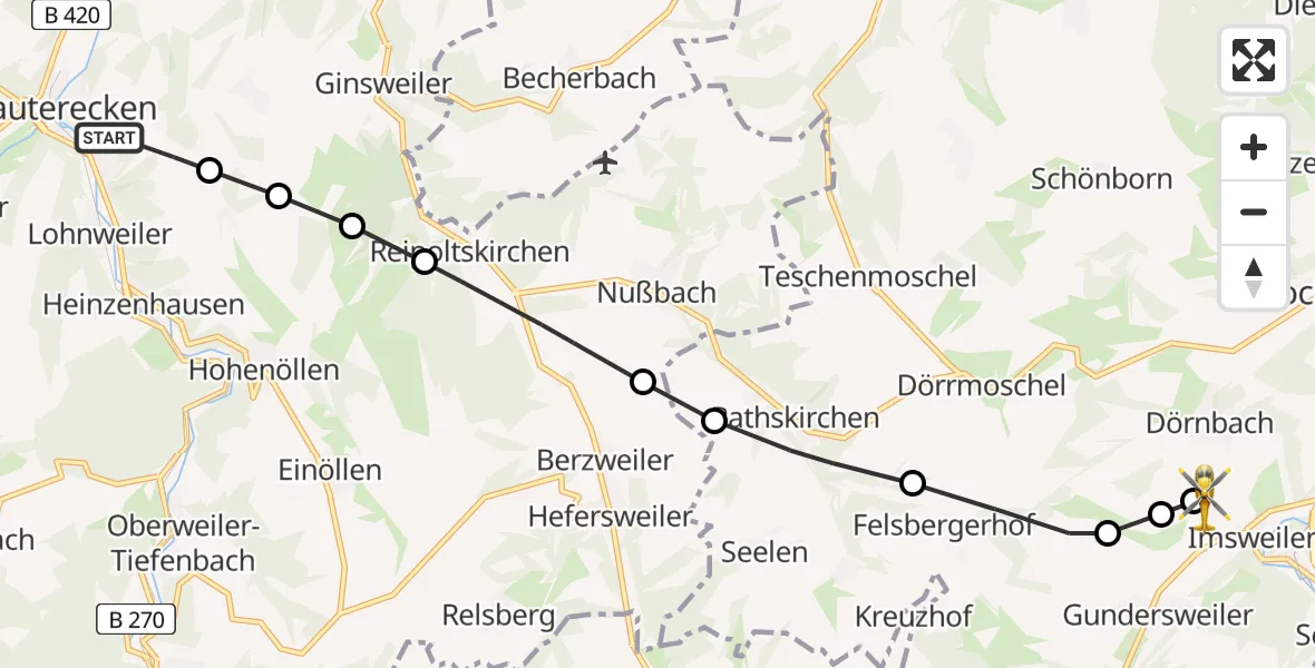 Flugroute Rettungshubschrauber Lauterecken - Imsweiler UL, 25 April 2026, 07:53