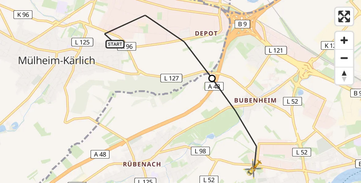Flugroute Rettungshubschrauber Mülheim-Kärlich - Koblenz, 25 April 2026, 07:55