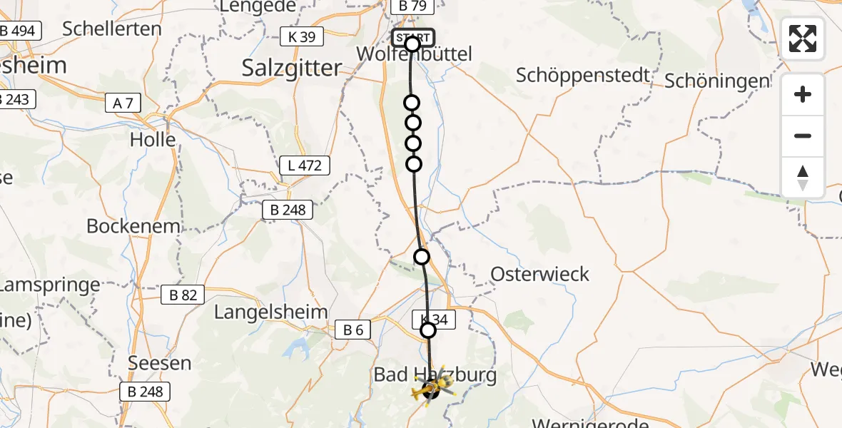 Flugroute Rettungshubschrauber Wolfenbüttel Municipal Hospital Heliport (Christoph 30) - Bad Harzburg, 25 April 2026, 07:59
