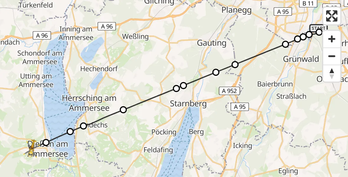 Flugroute Rettungshubschrauber ADAC Air Rescue Center Hubschrauberlandeplatz (Christoph 1) - Dießen am Ammersee, 25 April 2026, 08:00