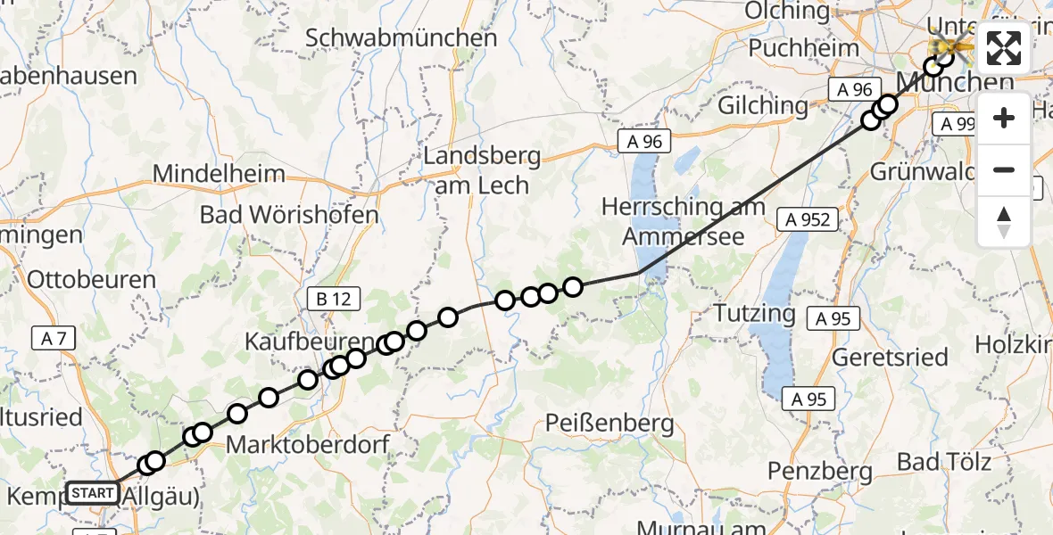Flugroute Rettungshubschrauber Kempten (Allgäu) - München, 25 April 2026, 08:00
