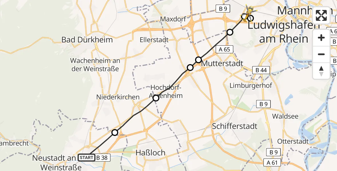 Flugroute Rettungshubschrauber Neustadt an der Weinstraße - Ludwigshafen Accident Hospital, 25 April 2026, 08:01