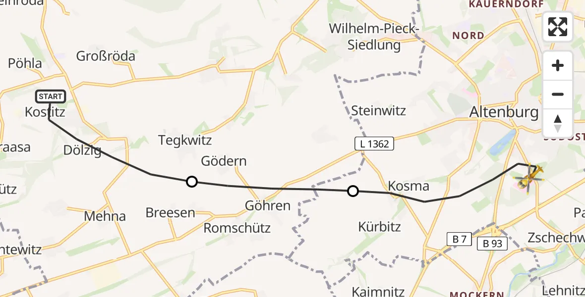 Flugroute Rettungshubschrauber Starkenberg - Altenburg, 25 April 2026, 08:07