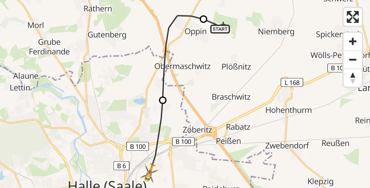 Flugroute Rettungshubschrauber Halle-Oppin Flugplatz - Halle (Saale), 25 April 2026, 08:16