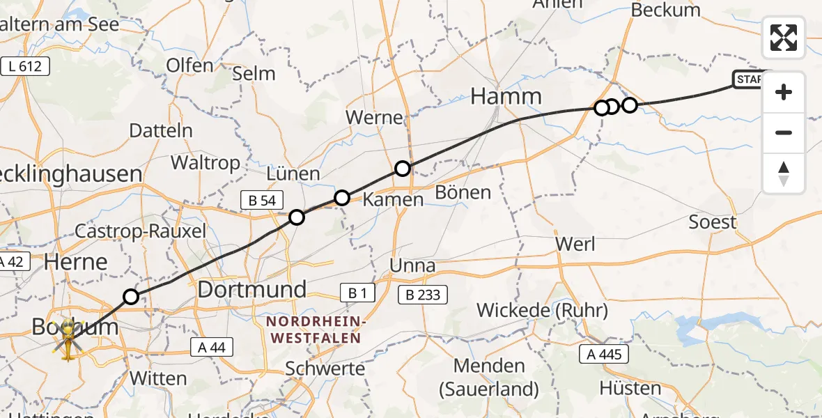 Flugroute Rettungshubschrauber Lippetal - Bochum, 25 April 2026, 08:27