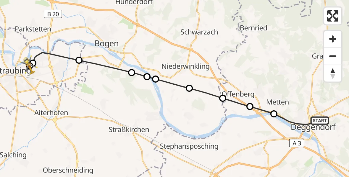 Flugroute Rettungshubschrauber Deggendorf - Sankt Elisabeth Hospital Straubing, 25 April 2026, 08:27