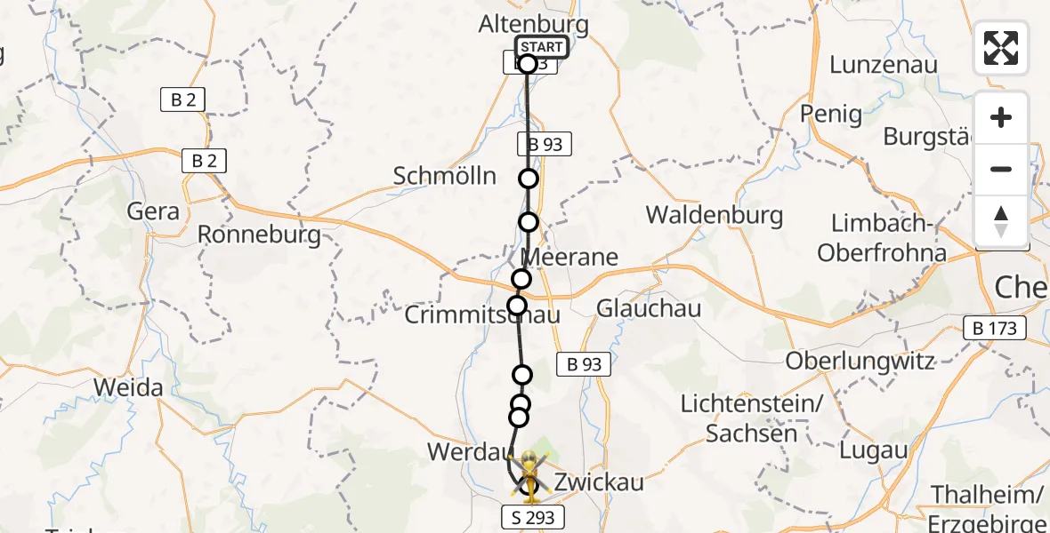 Flugroute Rettungshubschrauber Altenburg - ADAC Air Rescue Station Zwickau Hubschrauberlandeplatz, 25 April 2026, 08:28
