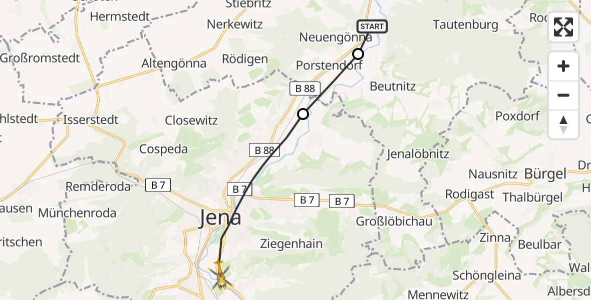Flugroute Rettungshubschrauber Dornburg-Camburg - Jena, 25 April 2026, 08:30
