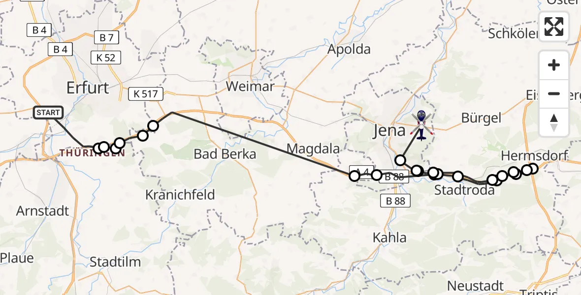 Flugroute Polizeihubschrauber Erfurt - Jena, 25 April 2026, 08:36