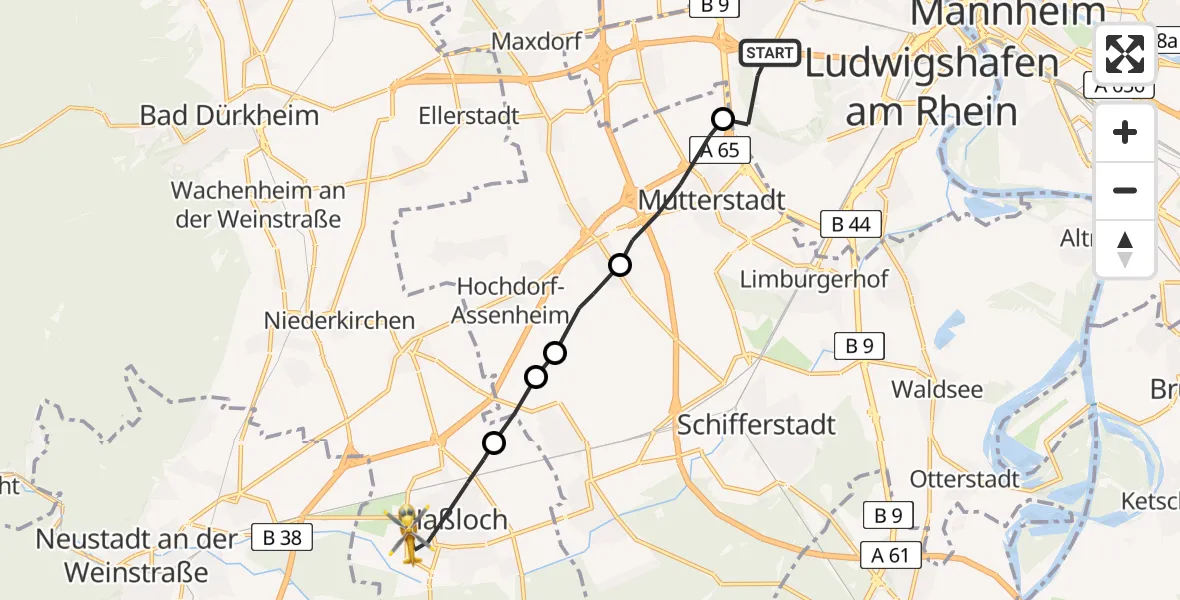 Flugroute Rettungshubschrauber Ludwigshafen am Rhein - Haßloch, 25 April 2026, 08:43