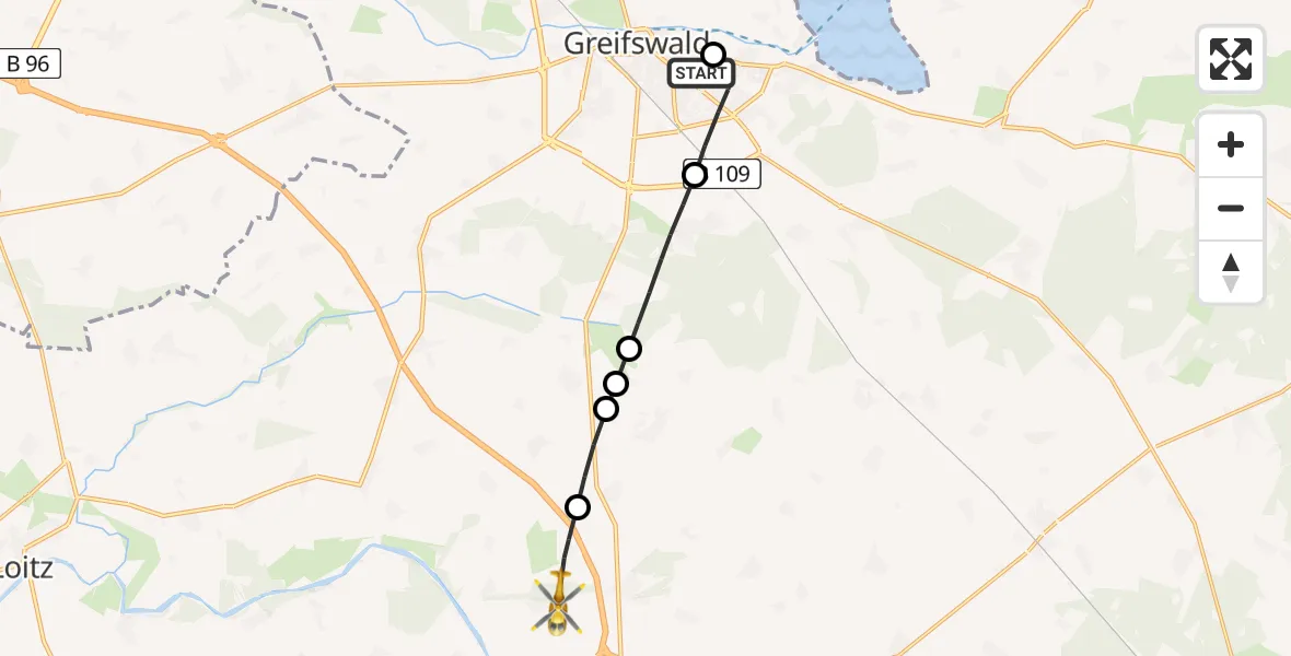Flugroute Rettungshubschrauber Greifswald Hospital - Bandelin, 25 April 2026, 08:43