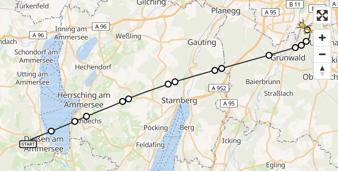 Flugroute Rettungshubschrauber Dießen am Ammersee - ADAC Air Rescue Center Hubschrauberlandeplatz (Christoph 1), 25 April 2026, 08:44