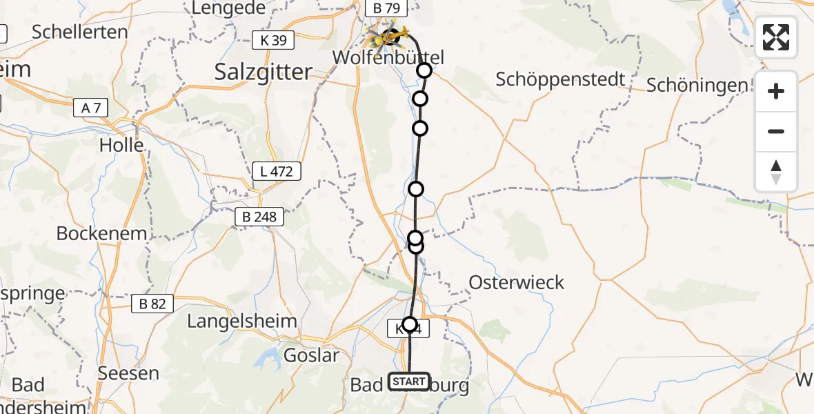 Flugroute Rettungshubschrauber Bad Harzburg - Wolfenbüttel Municipal Hospital Heliport (Christoph 30), 25 April 2026, 08:46