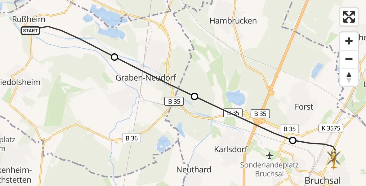 Flugroute Rettungshubschrauber Dettenheim - Bruchsal, 25 April 2026, 08:46