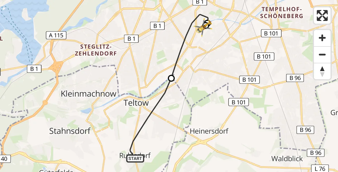 Flugroute Rettungshubschrauber Teltow - Charité Clinic Benjamin Franklin Campus, 25 April 2026, 09:01