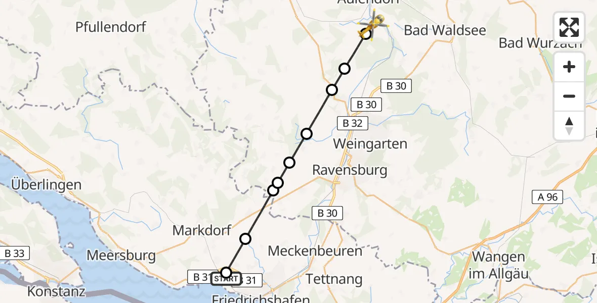 Flugroute Rettungshubschrauber Friedrichshafen Hospital - Aulendorf, 25 April 2026, 09:01