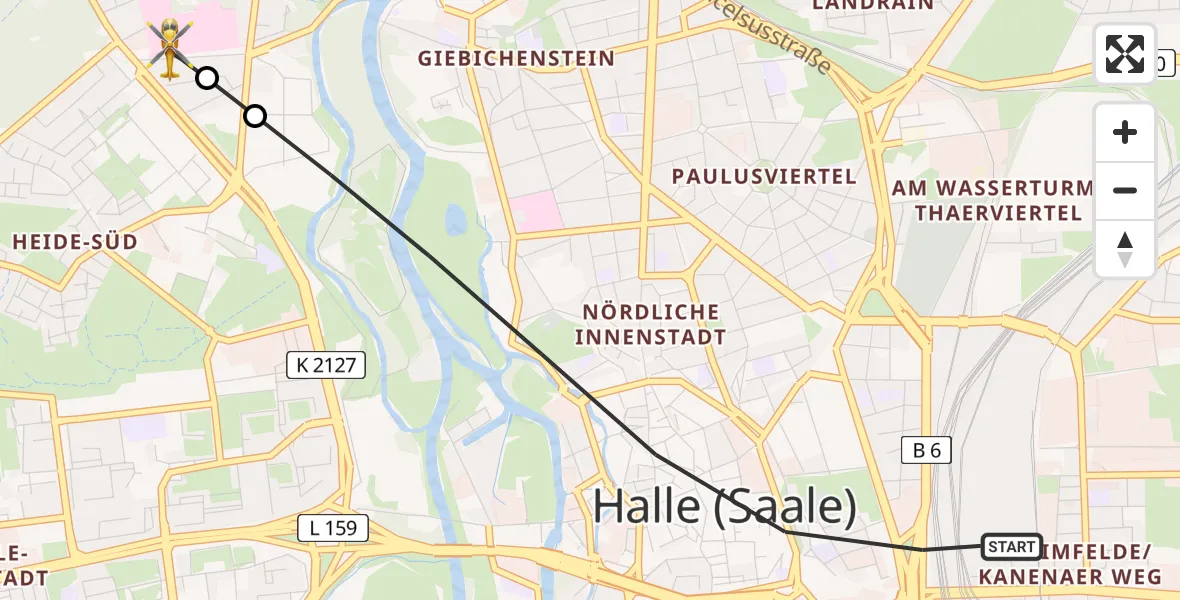Flugroute Rettungshubschrauber Halle (Saale) - Halle (Saale) University Hospital, 25 April 2026, 09:16