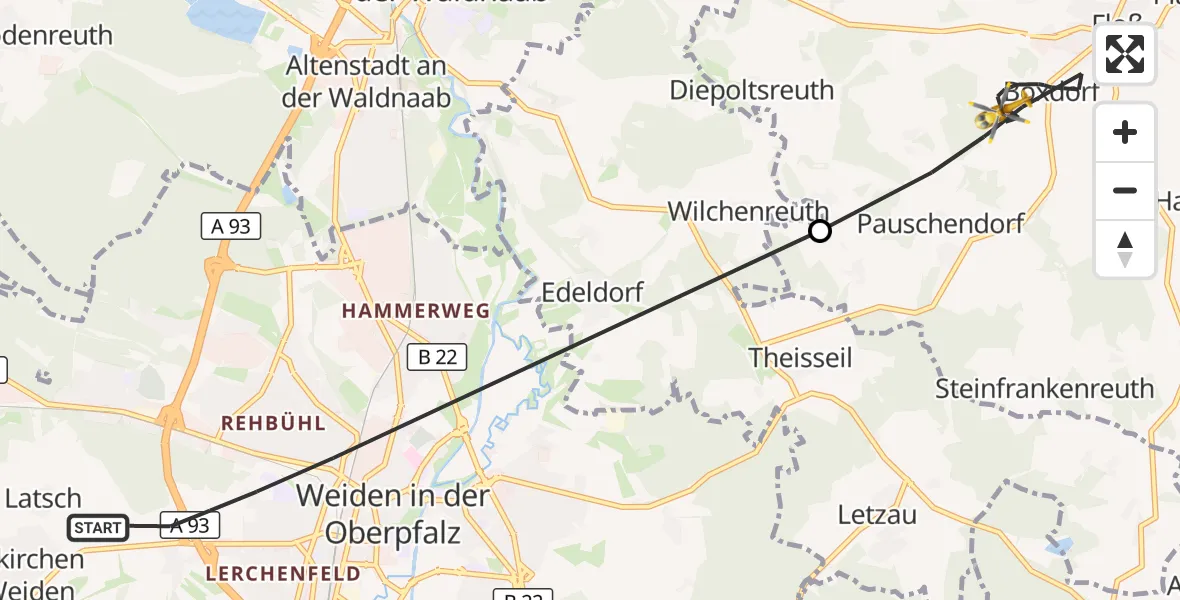 Flugroute Rettungshubschrauber Weiden i.d.OPf. - Floß, 25 April 2026, 09:20