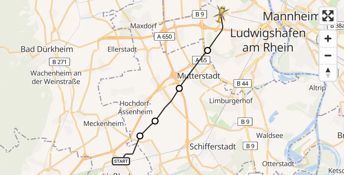 Flugroute Rettungshubschrauber Haßloch - Ludwigshafen am Rhein, 25 April 2026, 09:21