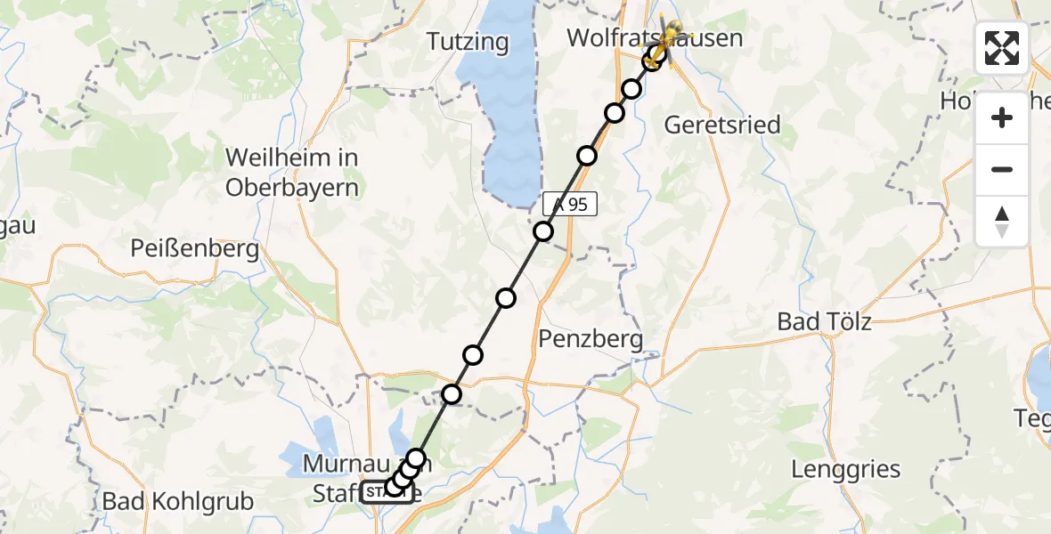 Flugroute Rettungshubschrauber Murnau Accident Hospital - Wolfratshausen, 25 April 2026, 09:27