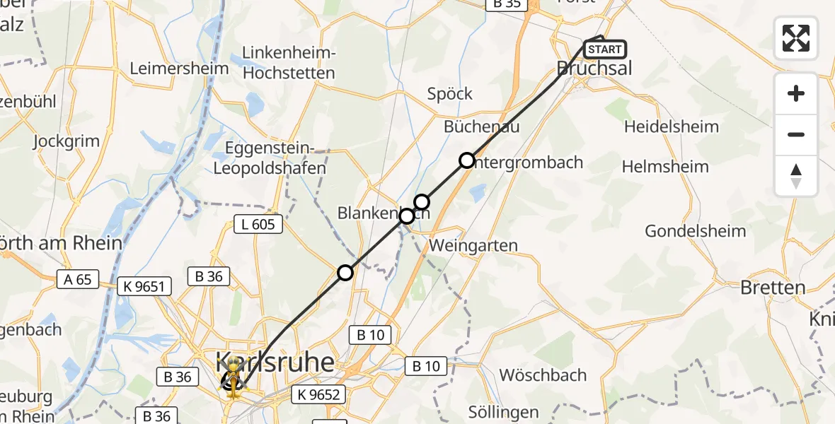 Flugroute Rettungshubschrauber Bruchsal - Sankt Vincentius Hospital, 25 April 2026, 09:29