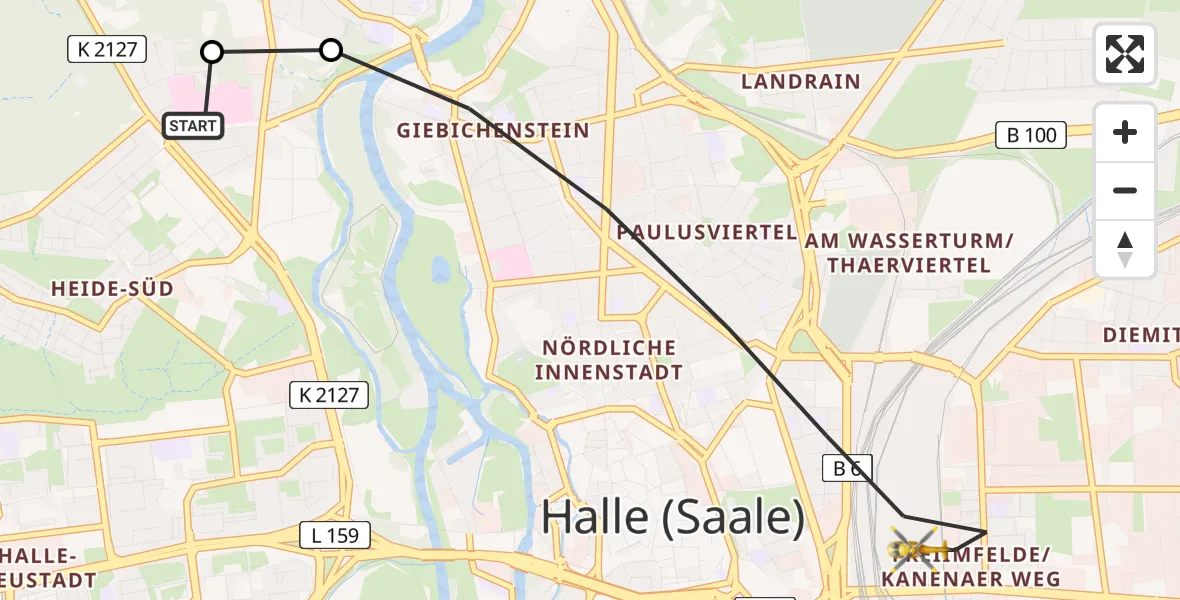 Flugroute Rettungshubschrauber Halle (Saale) University Hospital - Halle (Saale), 25 April 2026, 09:44