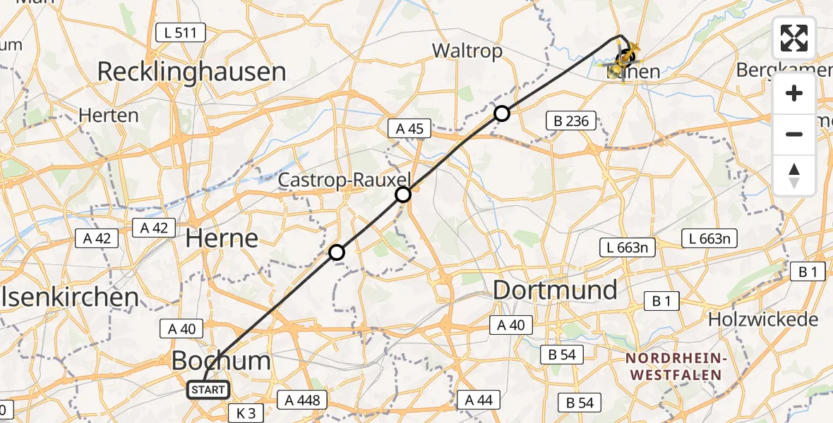 Flugroute Rettungshubschrauber Bochum - Sankt Marien Hospital, 25 April 2026, 09:46