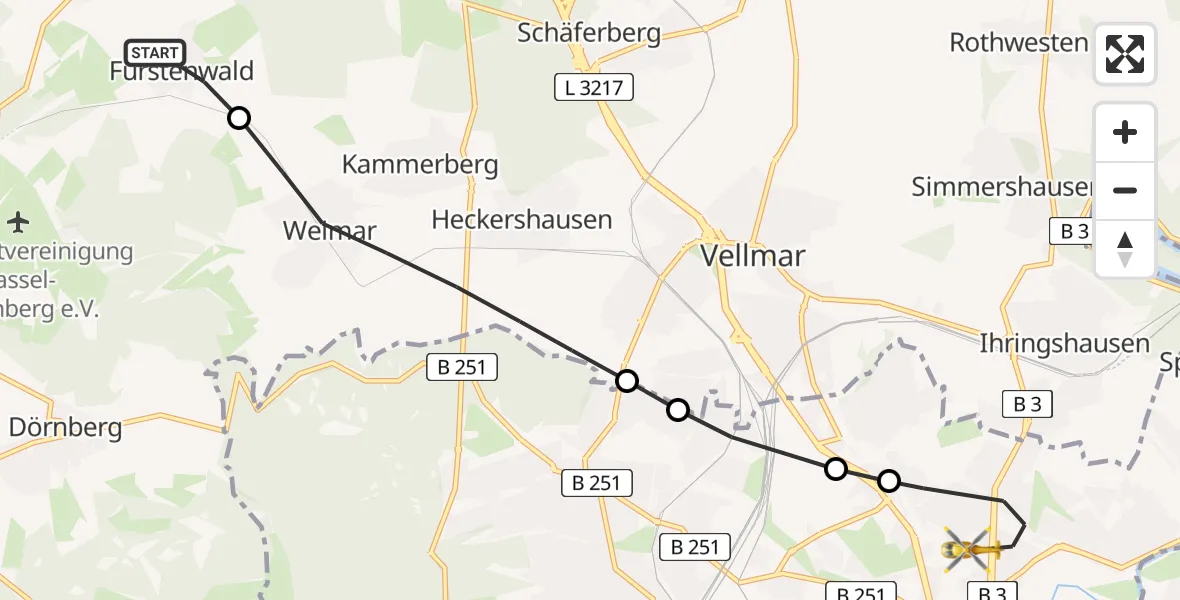 Flugroute Rettungshubschrauber Calden - Kassel, 25 April 2026, 09:49