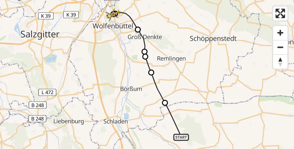 Flugroute Rettungshubschrauber Osterwieck - Wolfenbüttel Municipal Hospital Heliport (Christoph 30), 25 April 2026, 09:52