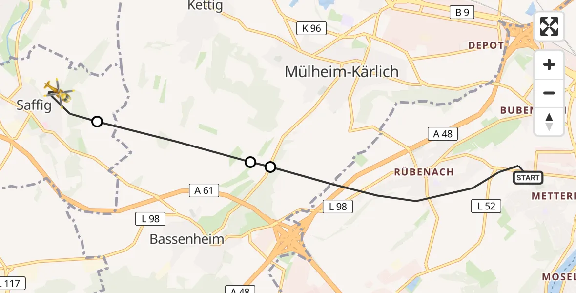 Flugroute Rettungshubschrauber Koblenz - Saffig, 25 April 2026, 09:59