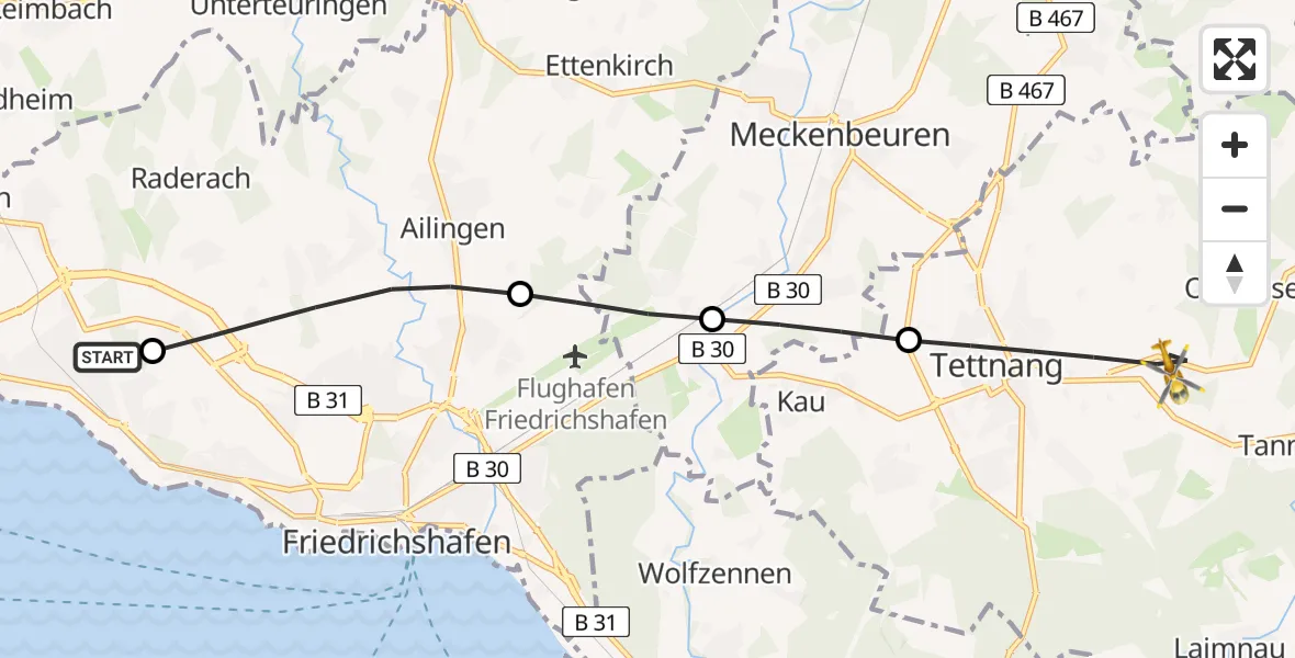 Flugroute Rettungshubschrauber Friedrichshafen Hospital - Tettnang, 25 April 2026, 10:01