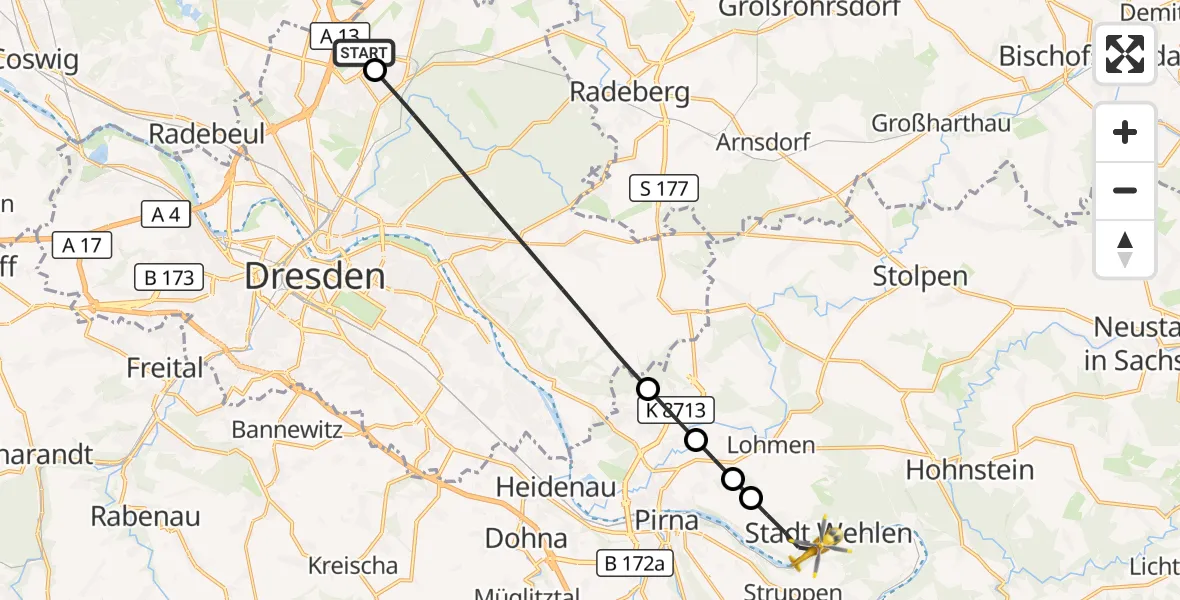 Flugroute Rettungshubschrauber Dresden Flughafen - Stadt Wehlen, 25 April 2026, 10:03