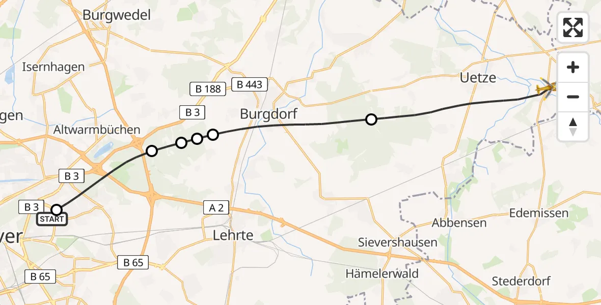 Flugroute Rettungshubschrauber Hannover Luftrettung Hubschrauberlandeplatz (Christoph 4) - Uetze, 25 April 2026, 10:05