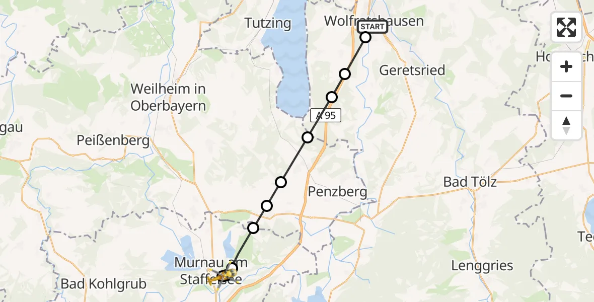Flugroute Rettungshubschrauber Wolfratshausen - Murnau Accident Hospital, 25 April 2026, 10:08
