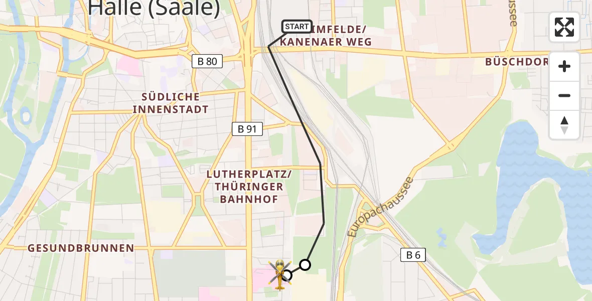 Flugroute Rettungshubschrauber Halle (Saale) - BG Hospital Bergmannstrost Halle, 25 April 2026, 10:13