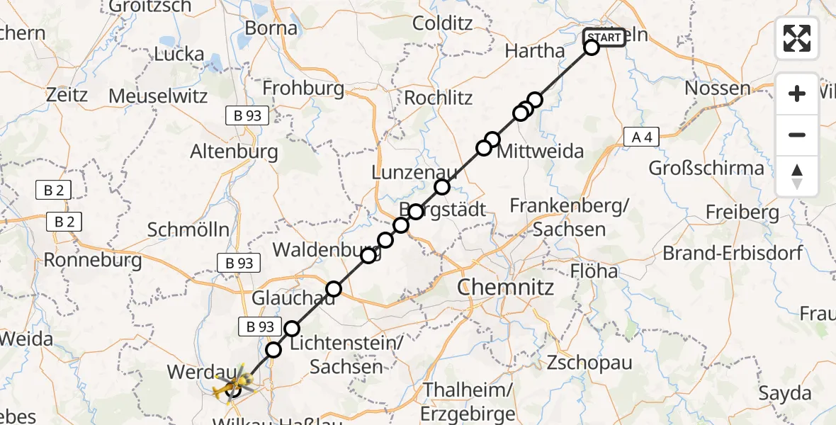 Flugroute Rettungshubschrauber Döbeln - ADAC Air Rescue Station Zwickau Hubschrauberlandeplatz, 25 April 2026, 10:14
