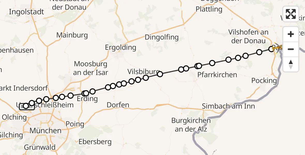 Flugroute Rettungshubschrauber Helios Clinic Dachau - Passau, 25 April 2026, 10:17
