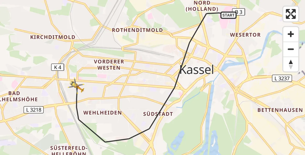 Flugroute Rettungshubschrauber Kassel - Kassel, 25 April 2026, 10:23
