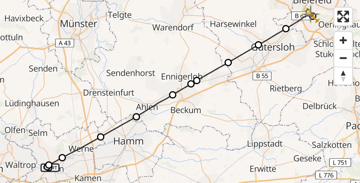 Flugroute Rettungshubschrauber Sankt Marien Hospital - Luftrettungszentrum Bielefeld, 25 April 2026, 10:25