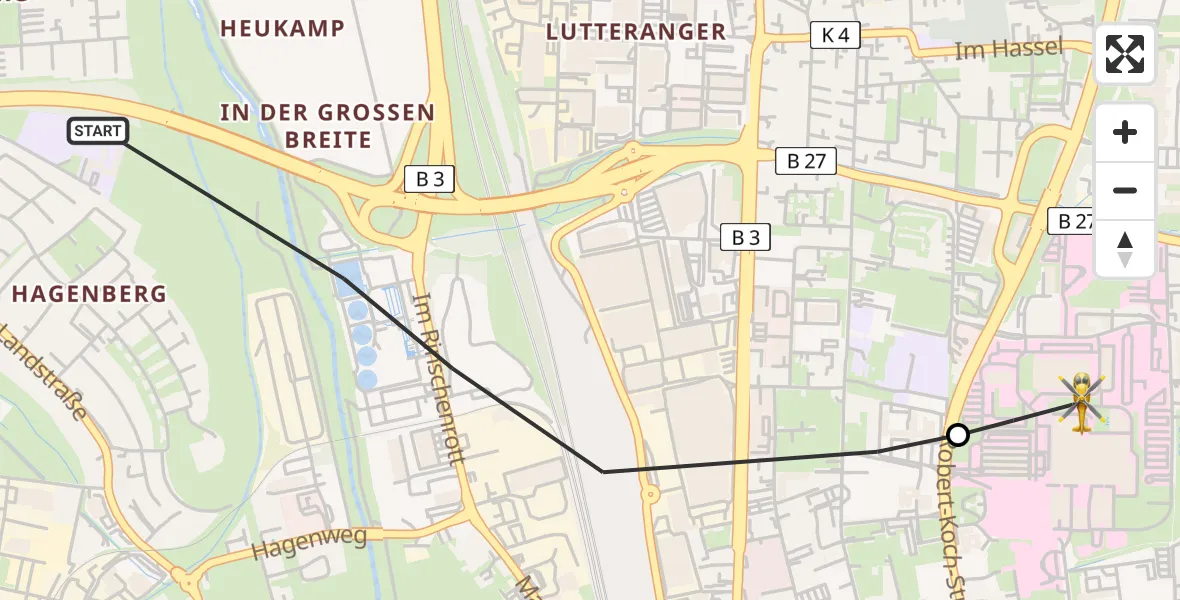 Flugroute Rettungshubschrauber Göttingen - Göttingen University Clinic Hubschrauberlandeplatz, 25 April 2026, 10:27